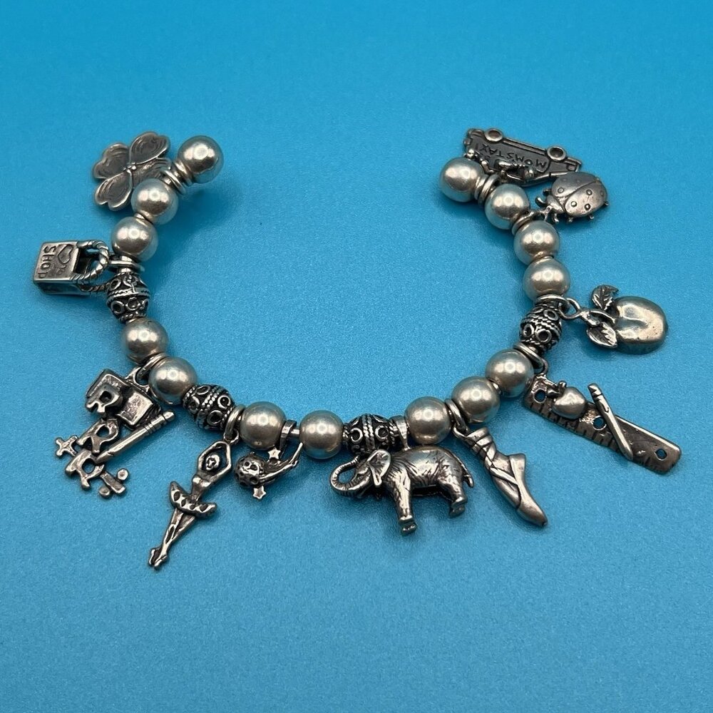 Sterling Silver Charm Bracelet 925 Beaded Cuff Ballerina Apple Elephant